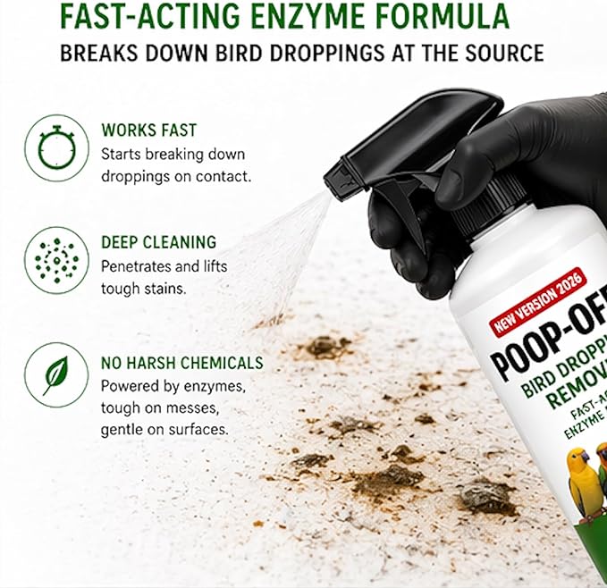 Poop-Off Bird Dropping Remover Spray, 32 oz – Fast-Acting Enzyme Formula, New Version 2026, Odor Neutralizing, Safe for Cages, Carpets & Surfaces