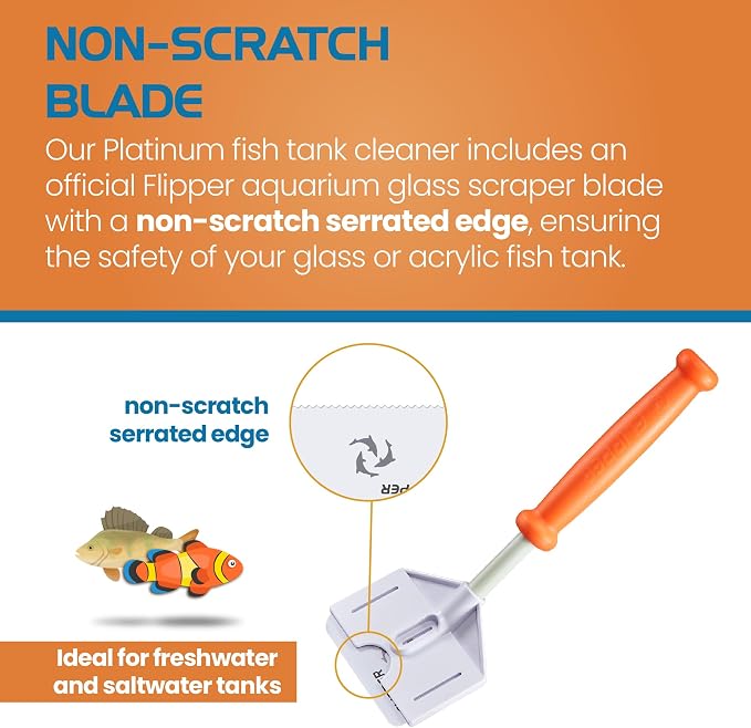 FLIPPER Platinum Stubby Hand Algae Scraper – Aquarium Glass & Acrylic Cleaner with Precision Scraper Blade, Fish Tank Cleaning Tool for Freshwater & Saltwater Aquariums (10” Rigid Shaft)