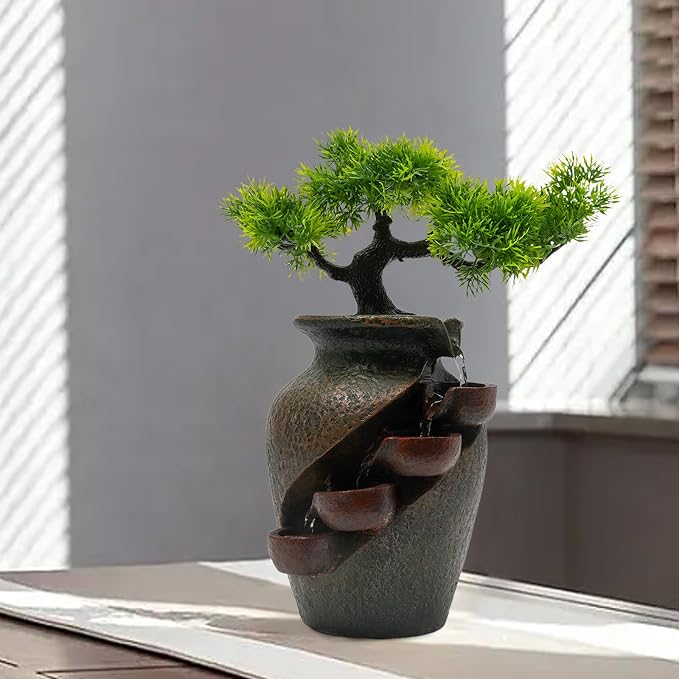 Indoor Fountain Rockery Tabletop Fountain with an Tree Elaxation Water Feature Meditation Desktop Fountains for Home Office Decor or Giving 6.4' x 6.7'' x 8.7''