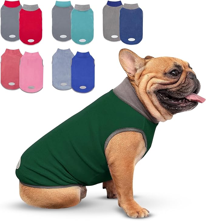 cyeollo 2 Pack Dog Sweaters Stretchy Fleece Sweatshirt with Reflective Stripe Pullover Stretchable Sweater Dog Clothes for Small Puppy Dogs, Green & Grey S
