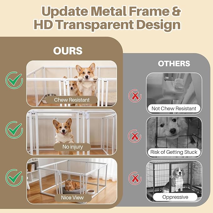 NiceTCU 24" H Acrylic Dog Playpen Indoor, Metal Frame Clear Dog Playpen with Door - 10 Panels, Easy Assemble Pet Fence, DIY Foldable Pet Pen for Ducks Puppy Rabbit Small & Medium Pets- 10Pcs White