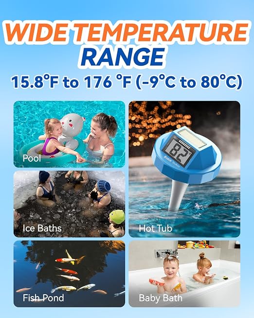 BALDR Solar Pool Thermometer Floating, Dual LCD, IPX8, Anti-Fogging | Digital Water Thermometer Wireless for Pool/Hot Tubs/Spas/Ice Baths/Aquariums