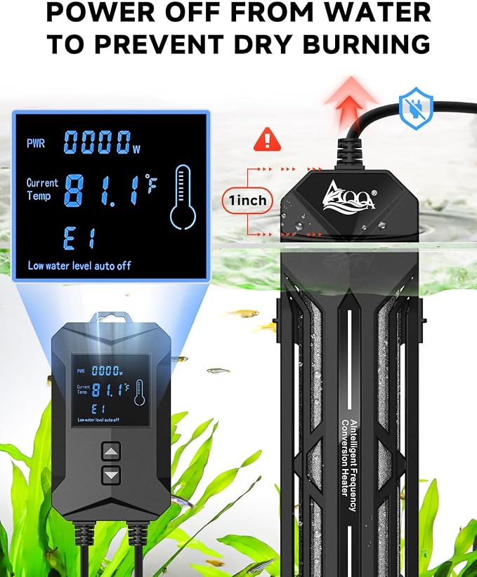 AQQA Aquarium Heater 800W/1000W/1200W/1400W Fish Tank Heater | LED Digital Display Submersible No Pond Heaters with Overheat & Dry-Out Protection for Freshwater & Saltwater Tanks (800W)