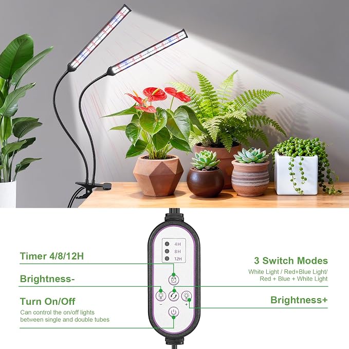 Indoor Clip-on Plant Growth Light, Full Spectrum Grow Light with 156 LEDs, Flexible Gooseneck and 4/8/12H Timer, 3 Spectral Modes, 10 Levels of Dimming, Suitable for Seedlings and Succulent Seeds