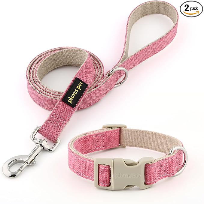 Plutus Pet Cotton Hemp Dog Collar and Leash Set, Adjustable Collar for Small, Medium, and Large Dogs, Heavy Duty and Soft on Skin, Hot Pink, XS