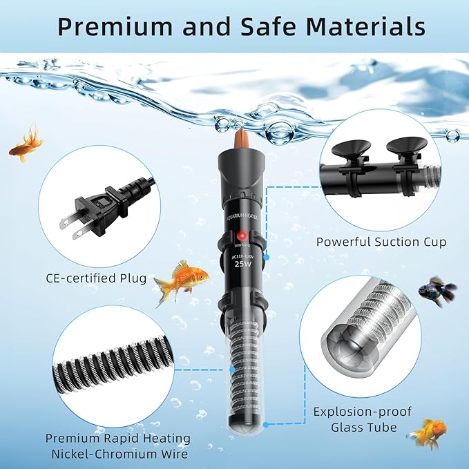 HiTauing Aquarium Heater 25W, Adjustable Knob Fish Tank Heater with 2 Powerful Suction Cups, Submersible Betta/Turtle Tank Heater for Freshwater and Saltwater Tanks