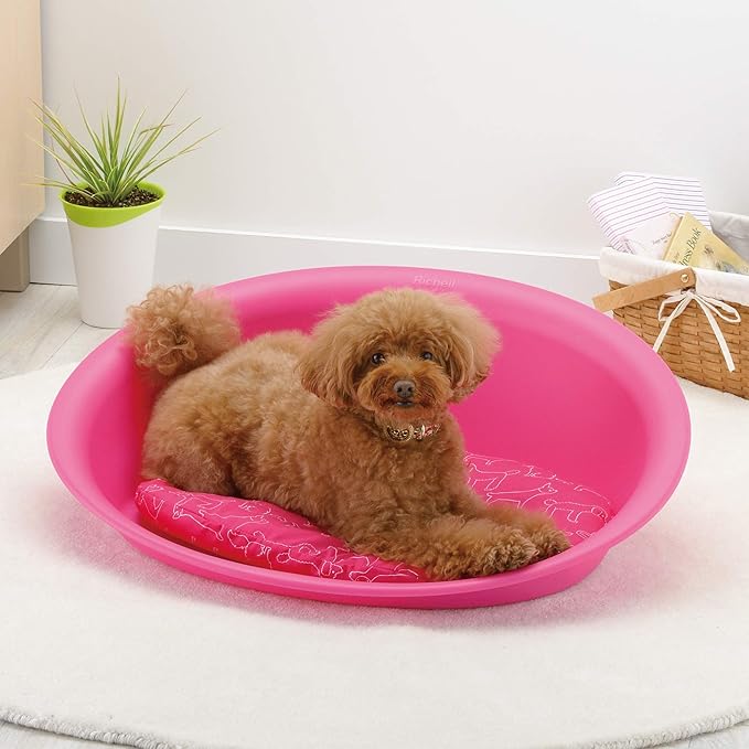 Richell Oval Plastic Pet Bed Medium, Waterproof, with 100% Polyester Washable Cushion, Pink (70008)