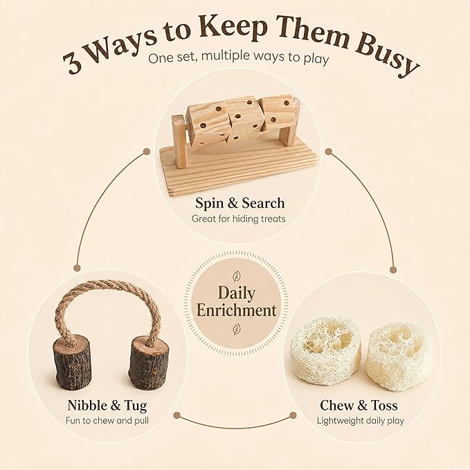 4 in 1 Hamster Chew Toy Set, Wooden Foraging Toy with Rotating Cubes, Apple Wood Chew and 2 Loofah Chews for Hamsters, Gerbils, Mice, Small Animals