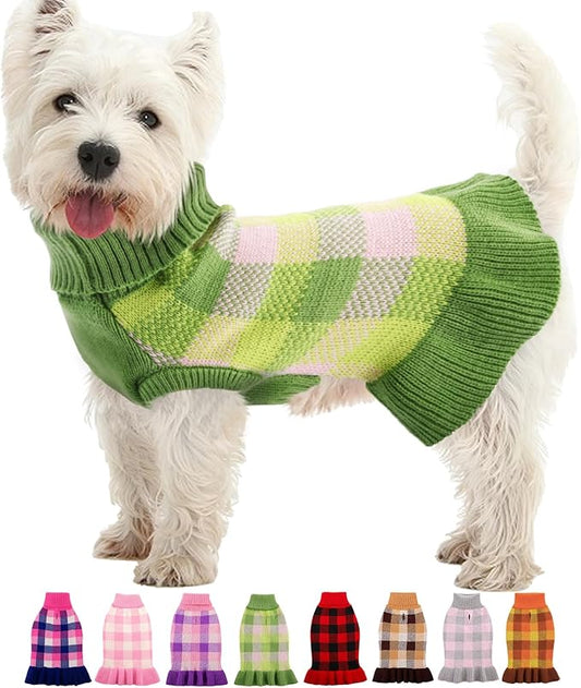 Dog Sweater Dress Plaid Knitwear for Small Medium Dogs Warm Puppy Pet Turtleneck Stretch Pullover Cute Fall Winter Vest Clothes with Leash Hole for Christmas (Green, M)