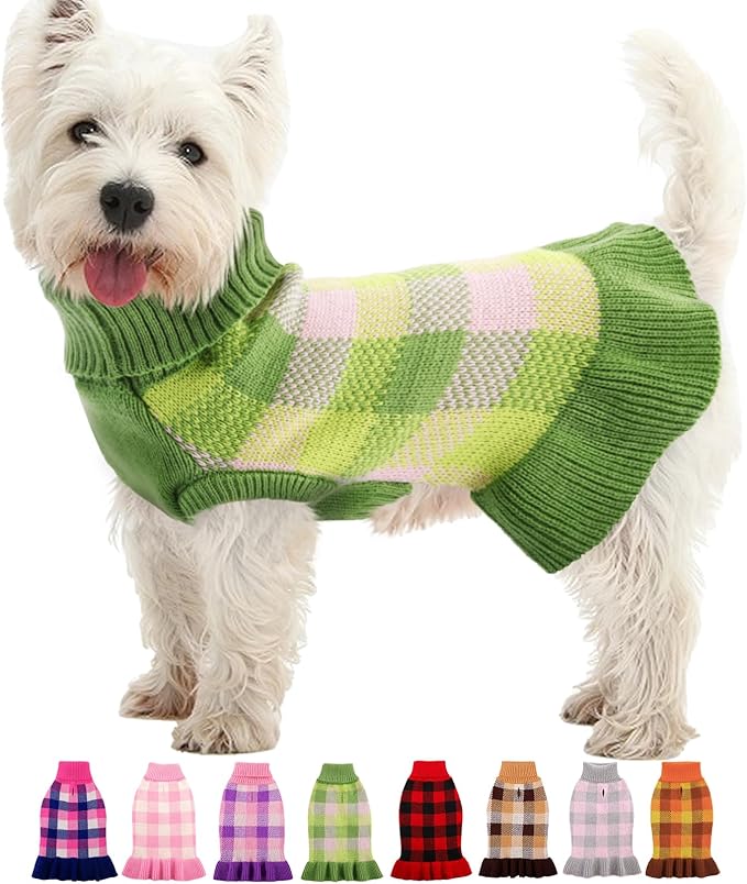 Dog Sweater Dress Plaid Knitwear for Small Medium Dogs Warm Puppy Pet Turtleneck Stretch Pullover Cute Fall Winter Vest Clothes with Leash Hole for Christmas (Green, XS)
