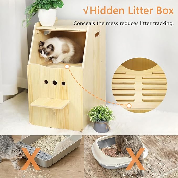 Top Entry Cat Litter Box,Tall Enclosed Enclosure Furniture with Stairs for Cats,Wooden Washroom with Filter for Kitty,Best Hidden,Dog Free, Odor Hiding Cabinet, 21.7 x16.1 x 28.7(White)