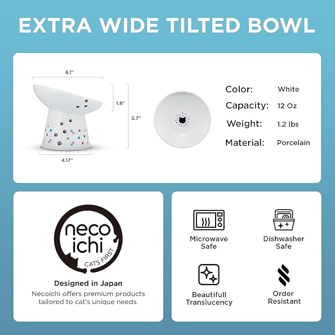 Necoichi Raised Cat Food Bowl – Ceramic Elevated 15° Tilted Cat Bowl for Whisker Fatigue Dishwasher Microwave Safe, Non-Slip Anti Vomiting Design (Colorful Dots, Extra Wide Tilted, 1.5-Cup Capacity)
