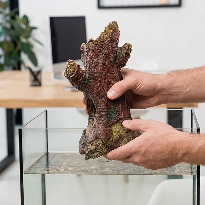 DECHOUS Aquarium Decor Resin Hollow Tree Trunk, Fish Tank Hideout Cave Simulation Driftwood Root Terrarium Accessories for Betta Fish, Shrimps, Reptiles Amphibians