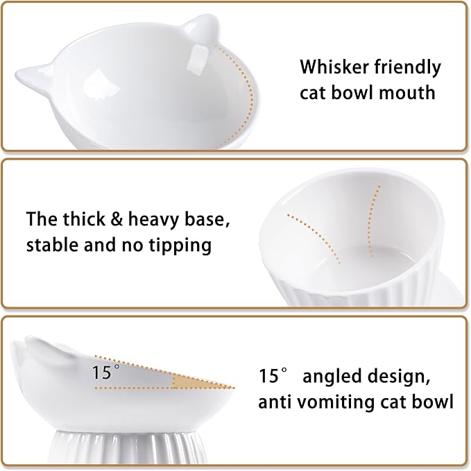 Ceramic Raised Cat Bowl，Tilted Raised Bowl Anti Vomit for Indoor Cats Whisker Friendly Pet Feeder for Cats Puppies, Microwave and Dishwasher Safe (White-2 Pack)