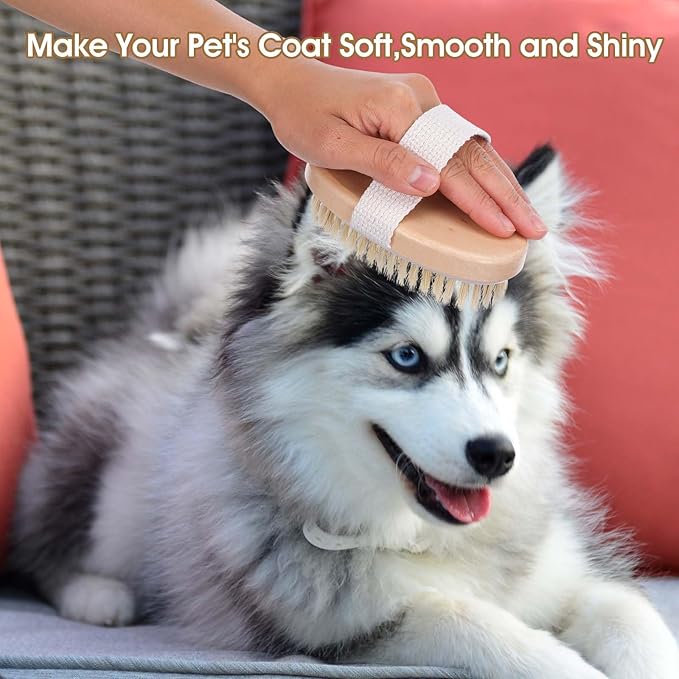 Soft Boar Bristle Pet Brush, Ergonomic Dog Brush Reduces Shedding, Ideal for Daily Gentle Grooming Natural Palm Brushes for Short Haired Dogs & Cats with Non-Slip Band