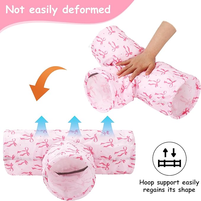 JarThenaAMCS Guinea Pig Tunnel 3 Way Washable Guinea Pig Hideout Pink Bow Foldable Rabbit Tunnel Small Animal Toy for Bunny Hamster Chinchilla Ferret Accessory
