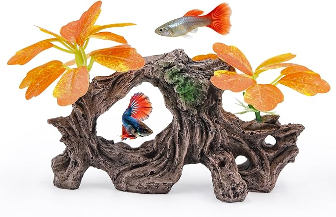 Fish Tank Decoration Aquarium Ornament with Silk Leaf Plants and Artificial Driftwood Cave Hideout Safe for Betta Fish