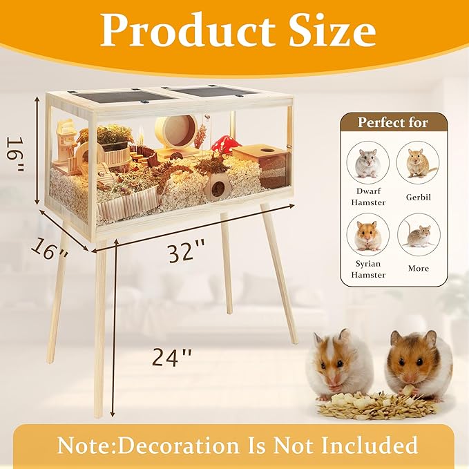 PROLEE Hamster Cage Chewproof, Mice and Rat Habitat with Transparent Sides, Hamster Cage with Openable Mesh Top, Solid Built with Lock Design and Leg Stand, 32" Long