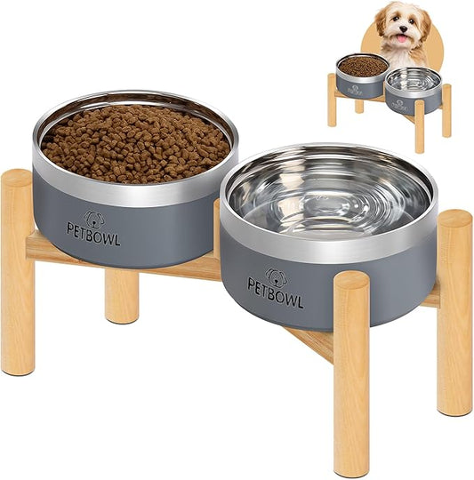 UPSKY Elevated Dog Bowls – 27oz Stainless Steel Anti-Spill Set with Wooden Stand, Double Raised Bowls for Small/Medium Dogs to Reduce Neck Strain & Improve Digestion