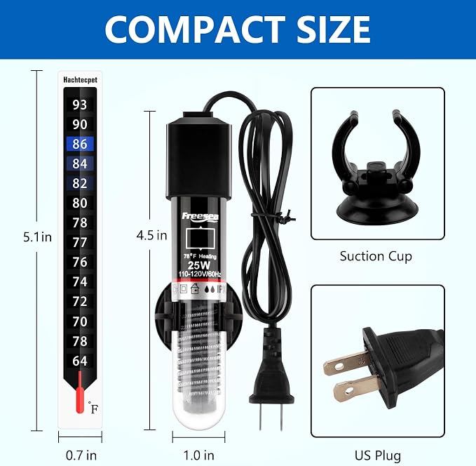 FREESEA Aquarium Fish Tank Heater: 25W Small Betta Turtle Heating | Submersible Aquarium Heater with Preset 78°F Temperature for 1-5 Gallon Betta Turtle Freshwater Saltwater Tank