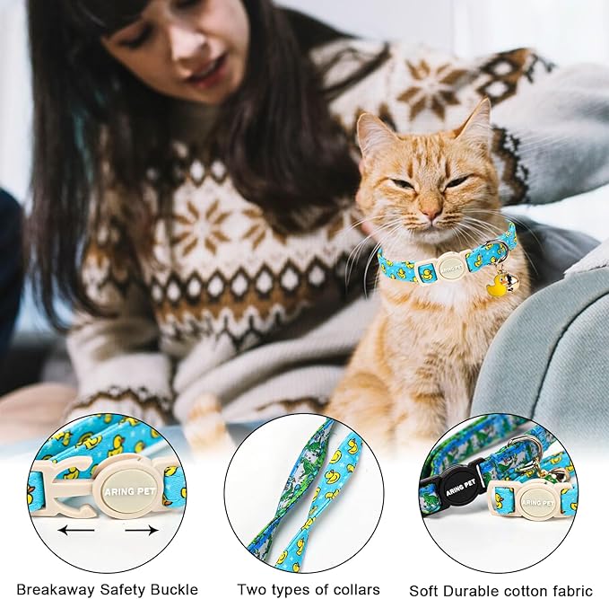 ARING PET 2 Pack Cat Collars with Bell, Cute Summer Soft Cotton Kitten Kitty Breakaway Cat Collars for Boy Girl Cats-Dinosaur & Duck