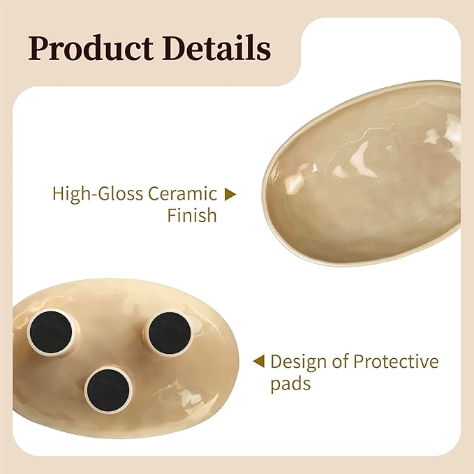 Three-Leg Ceramic Fruit Bowl, 10 Inch Oval Serving Dish for Kitchen Counter, Candy or Key Holder, Home Decor Accent Beige