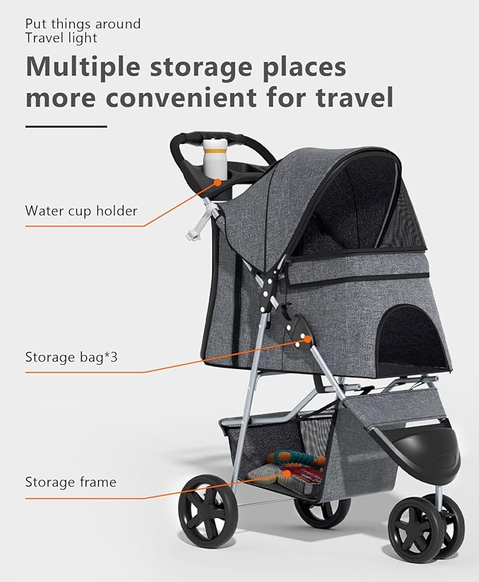 OS MOTOR Pet Stroller with 3 Wheels for Small/Medium Pets, Portable Travel Foldable Carrier Jogger for Dog Cat Puppy Kitty, Rear Wheel Breaks, Storage Basket, Visible Mesh with Weather Cover (Gray)