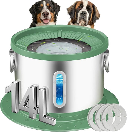UPSKY 14L No Spill Dog Water Bowl, Stainless Steel Spill Proof Dog Bowl with Water Window, Dual-Suction Anti-Slip Large Capacity Slow Drinking Bowl with Floating Disk for Large Dogs & Messy Drinkers