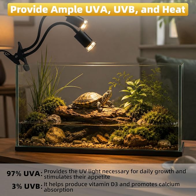 Reptile Heat Lamp with Timer & Hygrothermograph, Double-Head UVA UVB Light | Simulated Sunlight Basking Spot Lamp for Turtle, Lizard, Snake, Beared Dragon, Amphibians, 2 Bulbs 25W+50W