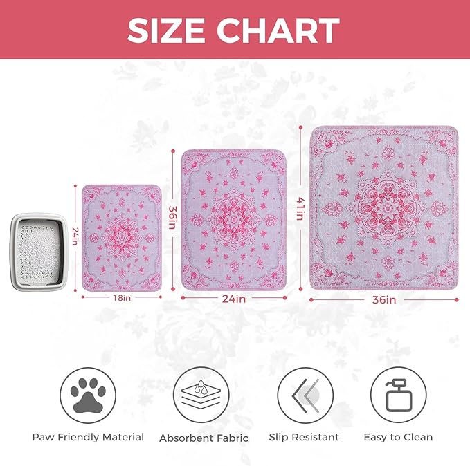Homimp Cat Litter Mat, Litter Trapping Mat 2 Pack, Contains Mess from Box, Protects Floors,Urine Waterproof,Non-slip,Less Waste Cat Litter Box Mat,Soft on Kitty’s Paws,Washable,Absorbent,Pink 24"X36"