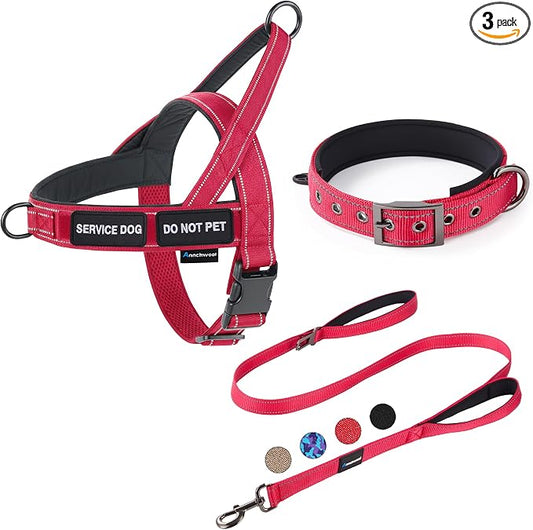 Annchwool No Pull Dog Harness,Heavy Duty Reflective Collar & Leash Set-Leash with Double Handle & Car Seatbelt Clip-Easy Control for Walking Training Medium Large Size Dogs(Red,L)