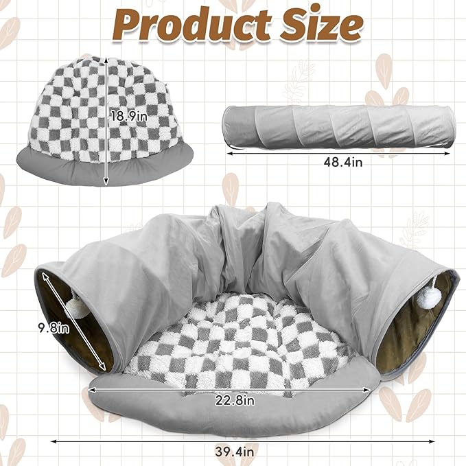 PINVNBY Bunny Tunnel Bed 2-in-1 Removable and Cozy Large Guinea Pig Hideout Tunnel Washable Small Animal Tunnels Tube Toys Guinea Pig Accessories for Rabbit Chinchilla Hedgehog Ferret (Gray)