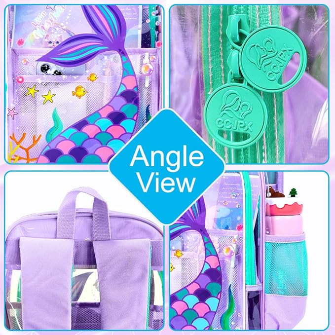 Clear Backpack for Girls and Boys, Kids Transparent Bookbag, 3PCS Cute See Through School Bag for Elementary Prechool
