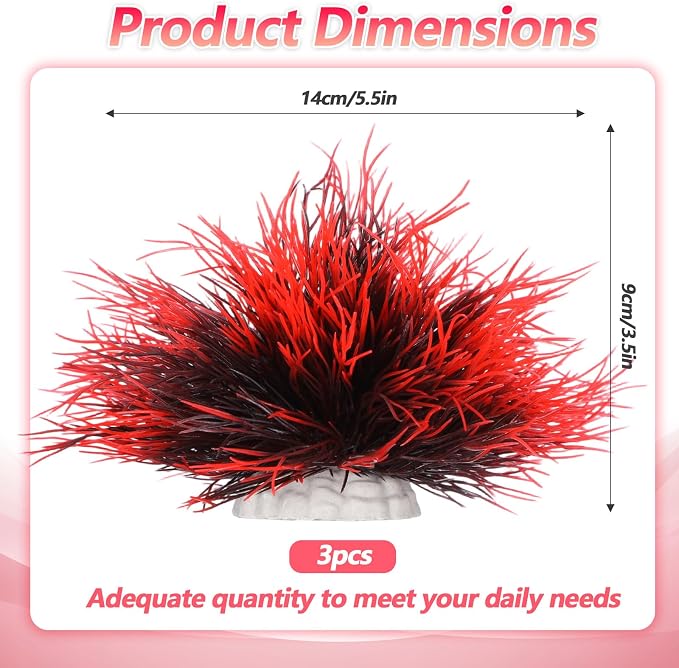 3 Pack Aquarium Plant Fish Tank Plant with Weighted Base Black Red | Plastic, Realistic, Small Aquarium Grass, Fish Tank Decorations