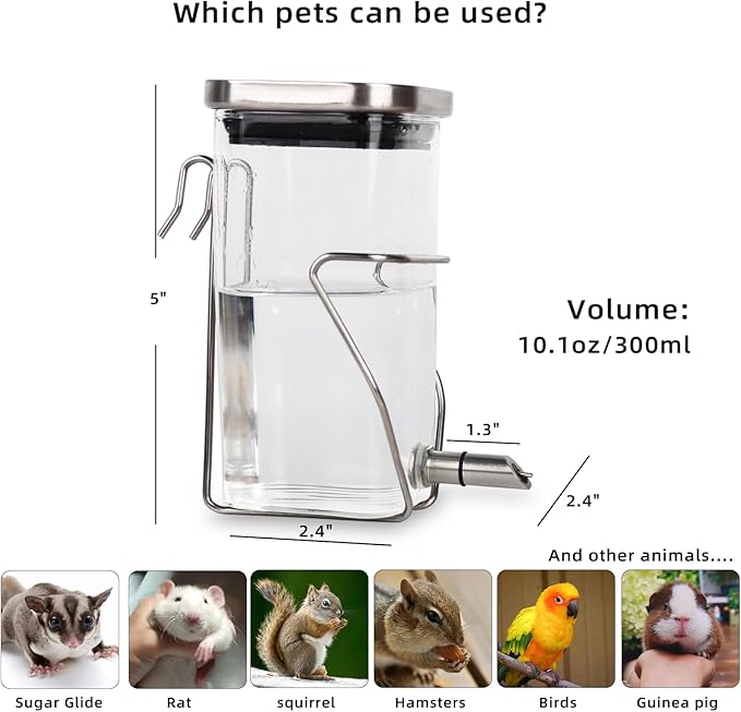 Guinea Pig Water Bottle No Drip, Rabbit Glass Waterer, Chinchilla Stainless Steel Nozzle Anti-Bite Water Dispenser for Small Animal, Bunny, Hamster, Sugar Glider and Rat(20.2oz)