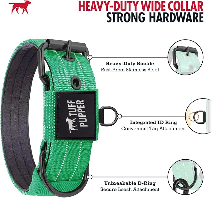 Tuff Pupper Heavy Duty Tactical Dog Collar | 1.5" Wide Ballistic Nylon | Reflective Stitching | Integrated ID Tag Holder | Stainless Steel Buckle | Padded Lining | Medium & Large Dogs (Green, Medium)