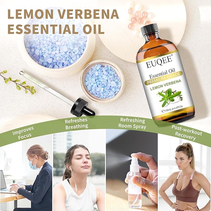 EUQEE Lemon Verbena Essential Oil 118ml - Pure & Natural Citrus Scent Oil for Diffuser, Skincare, Morning Rituals & Aromatherapy, Large Bottle with Dropper