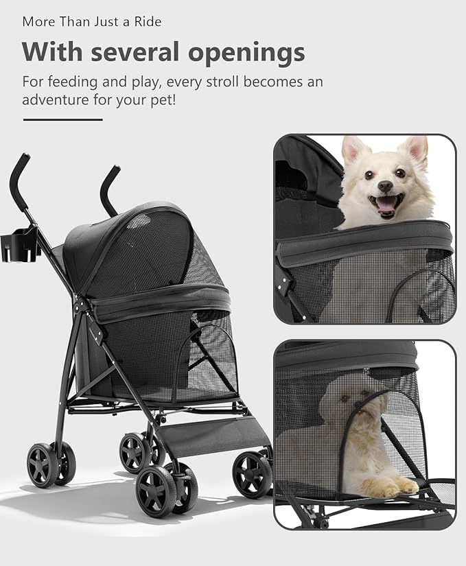 OS MOTOR Pet Stroller with 4 Wheels for Small/Medium Pets, Portable Travel Foldable Carrier Jogger for Dog Cat Puppy Kitty, Rear Wheel Breaks, Storage Basket, Visible Mesh with Weather Cover (Black)