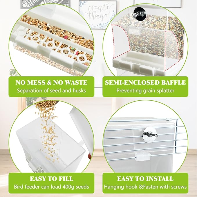 Tfwadmx No Mess Automatic Bird Feeders Cockatiel Food Dispenser Bowls Seed Container Parrot Dishes Parakeet Cage Accessories Birdfeeder with Divider for Canary Finch Conure Lovebirds 2Pcs