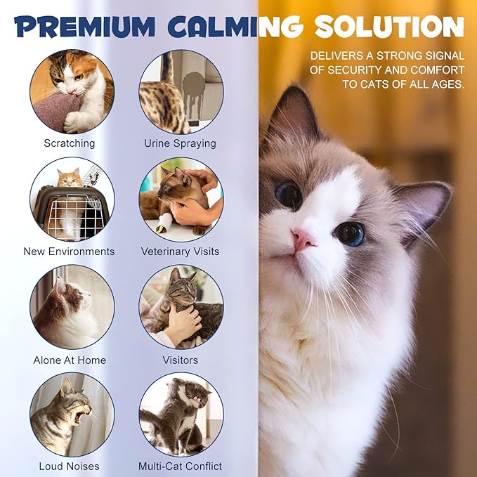Cat Calming Diffuser Kit 60 Days, Cat Pheromones Calming Diffuser Effectively Relieve Anxiety Stress Fighting Scratching, Pheromone Diffuser for Cats -(1 Diffuser + 2 Refill)
