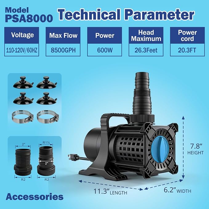 Pond Pump, 8000 GPH Adjustable Flow Submersible Water Pump with Filter Bag, UL-Listed, Copper Motor, IPX8 Waterproof 20.3ft Cord for Koi Pond, Fountain, Waterfall, Hydroponics, Irrigation