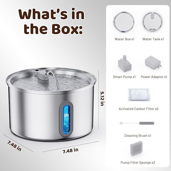 Cat Water Fountain Stainless Steel, 3.2L/108oz Pet Fountains for Drinking with Smart Quiet Pump and Large Water Level Window, Easy-to-Clean Automatic Pet Water Dispenser for Indoor Use