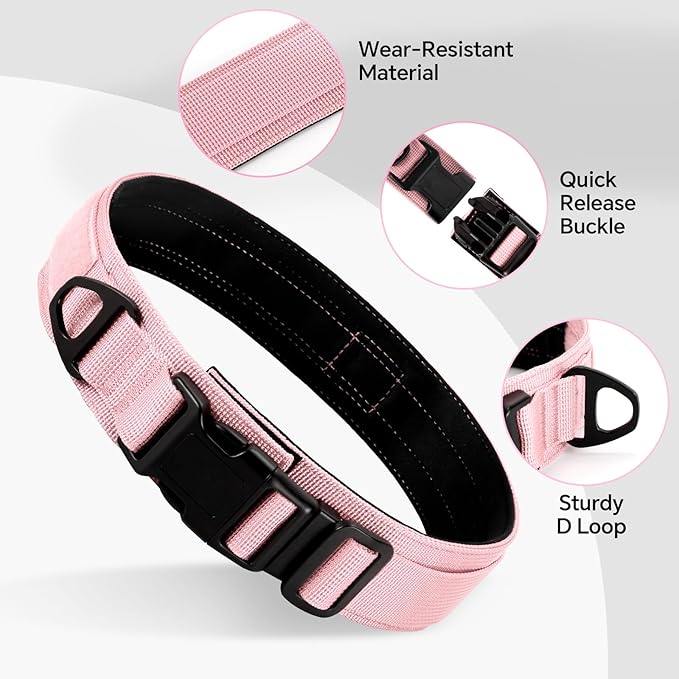 Tactical Durable Dog Collar, Metal D-Ring, Adjustable Heavy Duty Dog Collar with Heavy Quick-Release Buckle for Medium Large Dogs (Pink, XL)