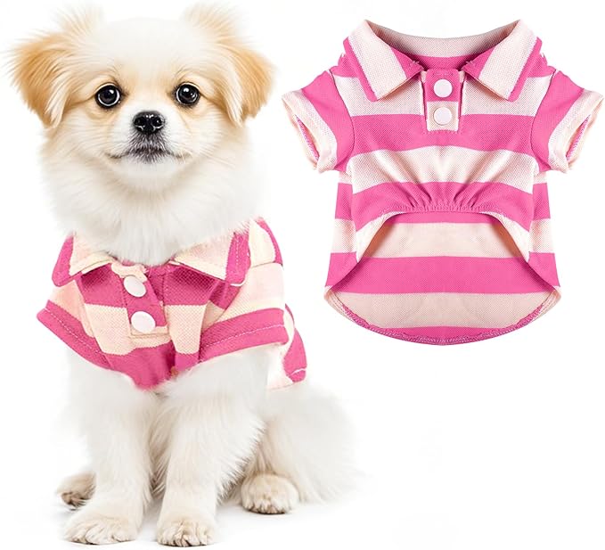 Dog Shirt Polo Shirt Striped Collar Puppy Clothes Summer Button Up Pet Clothes for Small Medium Dogs Cats for Boy Girl Pets (Pink, Large)