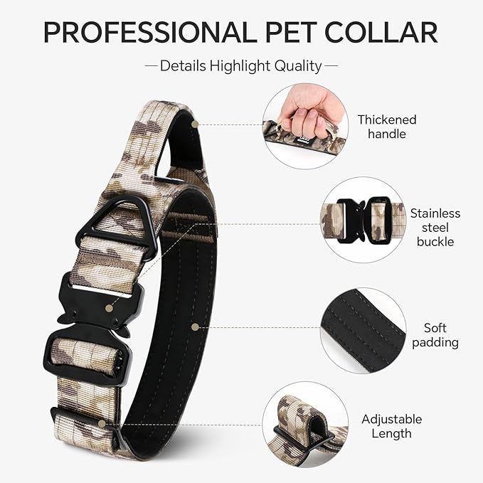 Tactical Dog Collar, Adjustable Military Collar with Handle and Heavy Duty Metal Buckle, Thick Dog Collars for Medium and Large Dogs (Khaki Camouflage, M)