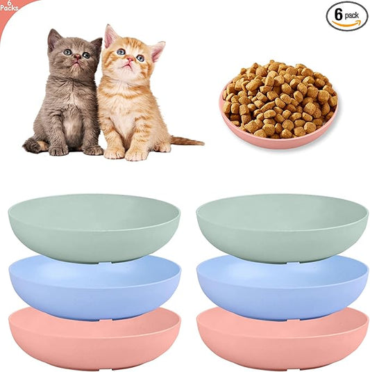 6-Pieces Whisker Fatigue Cat Bowl - 5.5 Inch Shallow Cat Food Dish Wide Cats Wet Feeding Bowls, PET Plate for Kittens and Short Legged Cats (Type-A Normal Bowls)