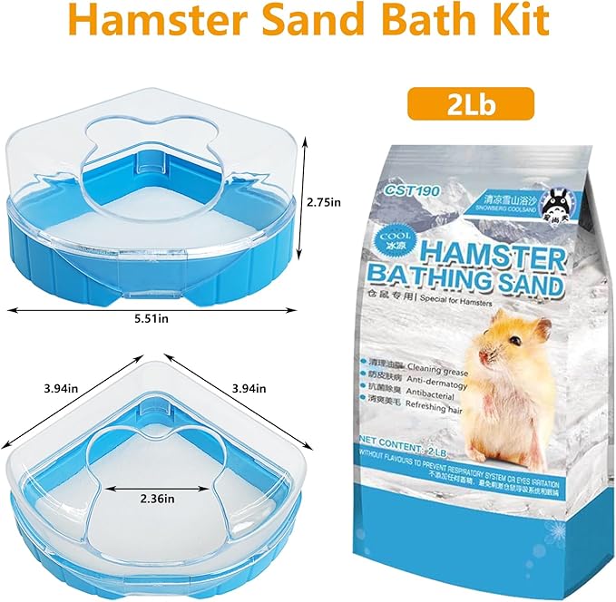 kathson Hamster Sand Bath Kit, 2LB Bathing Sand for Gerbils with Plastic Sandbox Chinchilla Cleaning Powder Dust Free Small Animals Showering Sand for Rodent Mice Rat Mouse