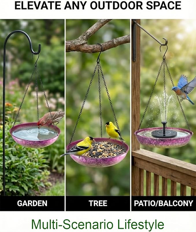 Hanging Bird Bath for Outside Iridescent Metal Feeder Tray with Hand-Painted Pink and Green Gradient 11" Decorative Birdbath for Wild Birds to Bathe & Drink Garden Decor for Patio & Yard