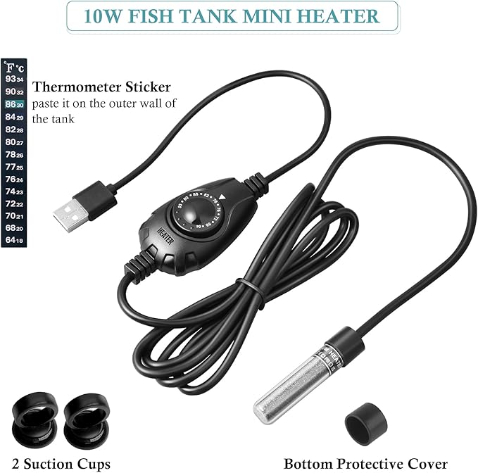 FEDOUR 10W Super Mini USB Aquarium Heater, Small Adjustable Heater with External Controller for up to 2.5 Gallon Small Fish Tank, Nano Fish Tank Heater, Betta Heater for Fish Bowls