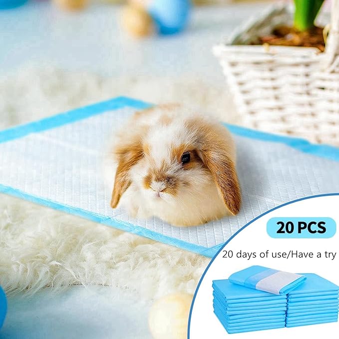 Rabbit Pee Pads Disposable Cage Liners Absorbent Leak-Proof Diaper Mat Small Animal Toilet Potty Training for Squirrel Guinea Pig Ferret Hedgehog Hamster Chinchilla Puppy (20PC, Blue)